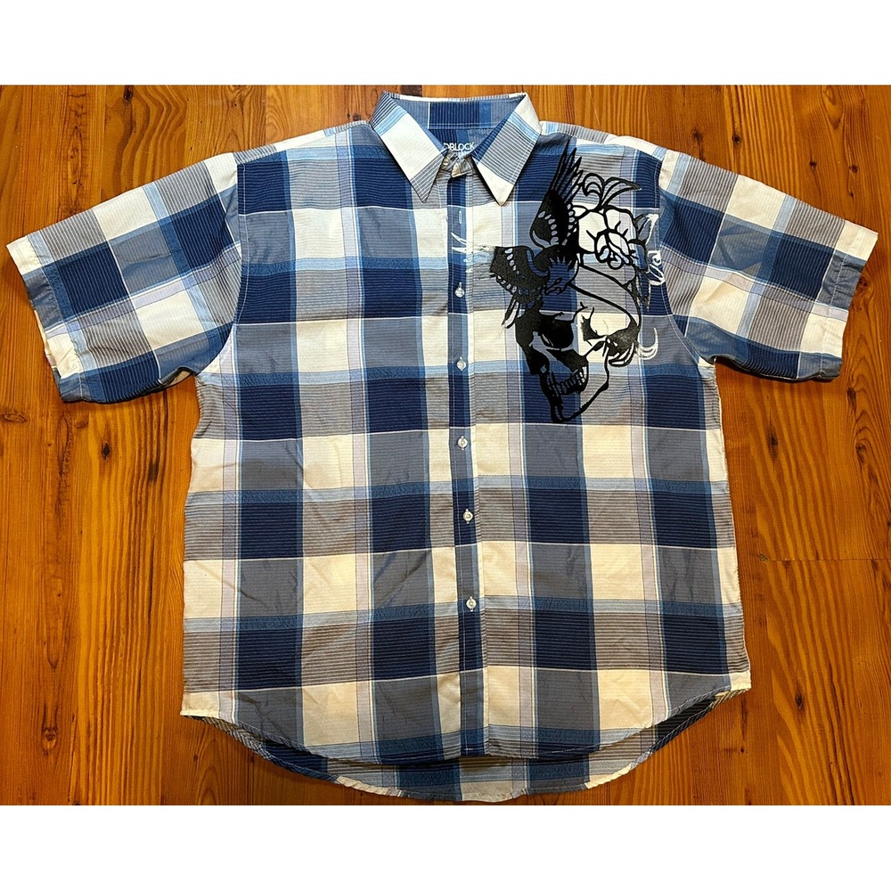 Roadblock Jeans Mens Button Up Shirt Skull Print Y2K Design Affliction‎ Style - Picture 1 of 7